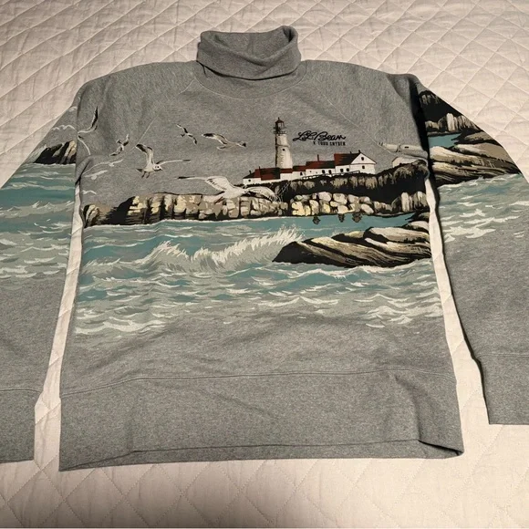 L.L. Bean X Todd Snyder Gray Turtleneck Sweater with Lighthouse Design - Picture 2 of 4